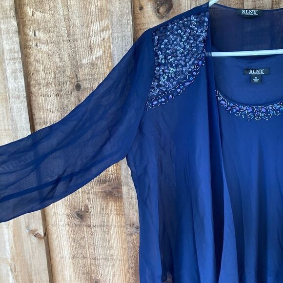 SLNY Beaded Detail Chiffon Tiered Scoop Neck Midi Dress Two Piece Set w/ Jacket - Picture 10 of 16